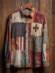 Men's Vintage American Flag Faith Cross Long-Sleeve Shirtt