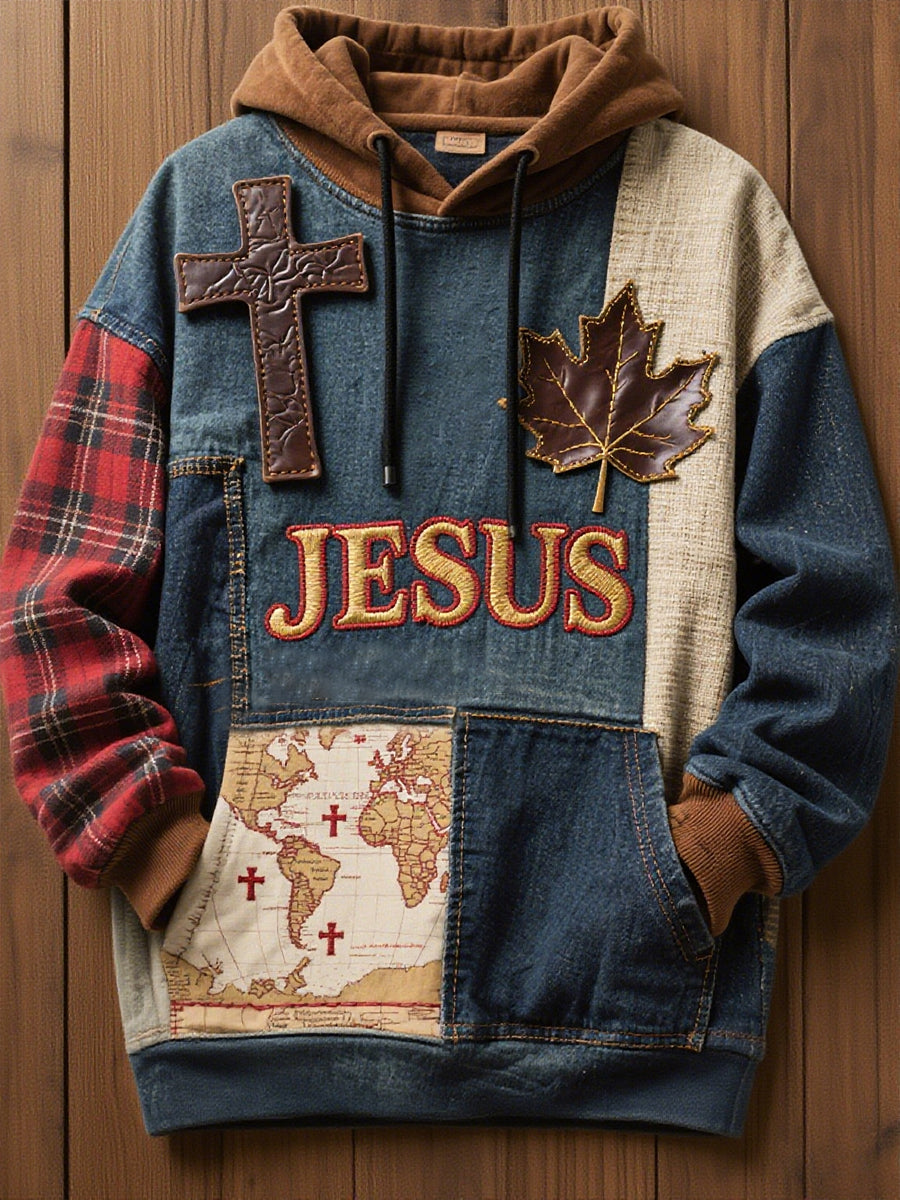 Men's Retro Casual Faith Cross Art Print Oversized Drop-Shoulder Pockets Hoodie