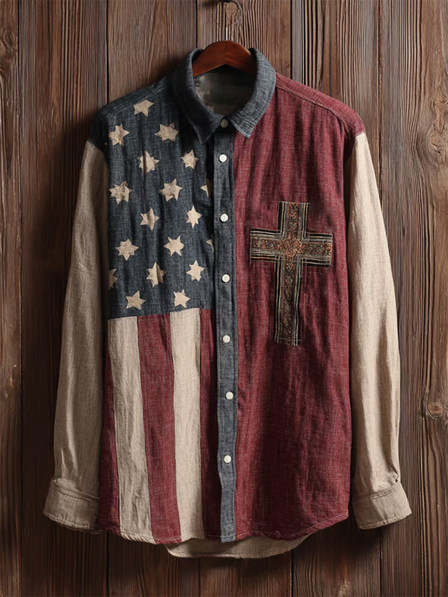 Men's Vintage American Flag Faith Cross Long-Sleeve Shirt