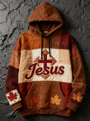 Men's Retro Casual Faith Cross Art Print Oversized Drop-Shoulder Pockets Hoodie