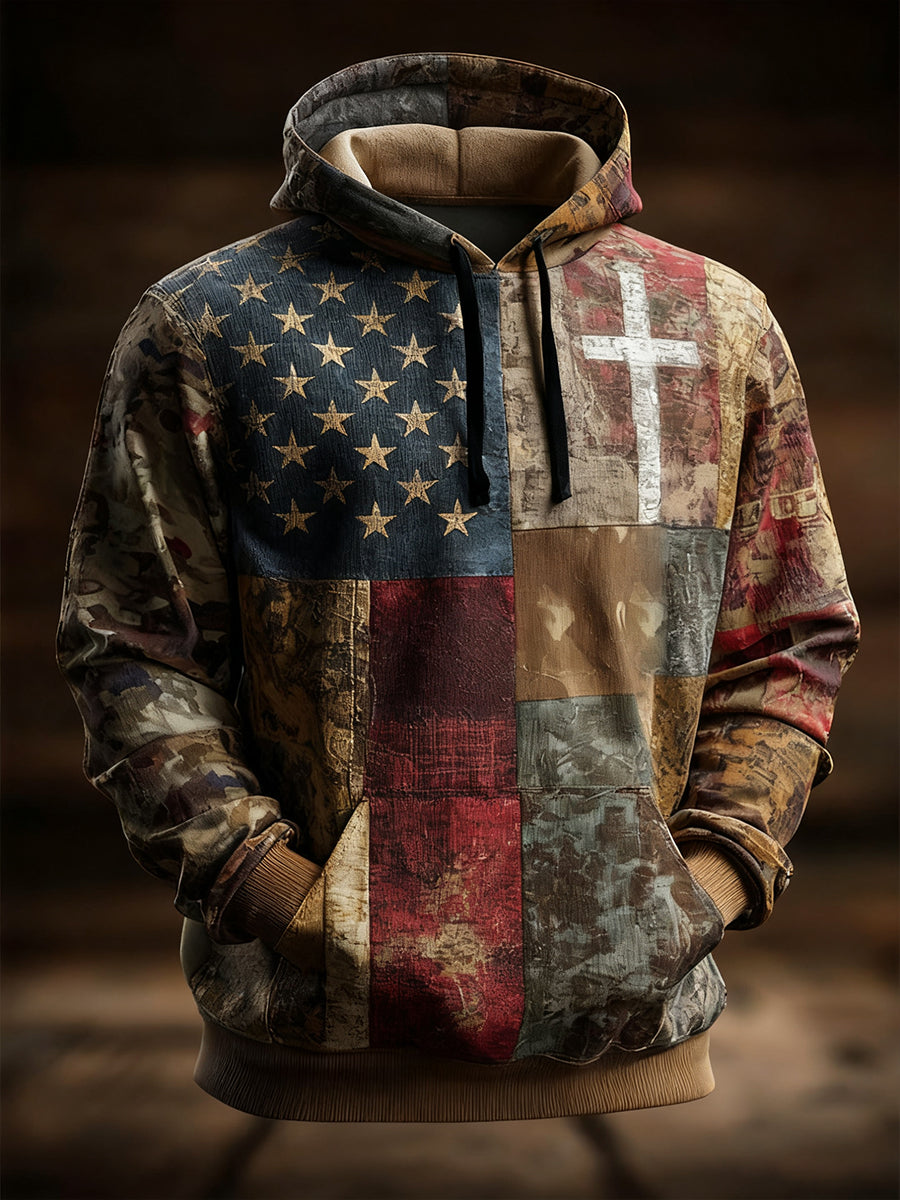 Men's Vintage American Flag Faith Cross Oversized Drop-Shoulder Hoodie with Pockets