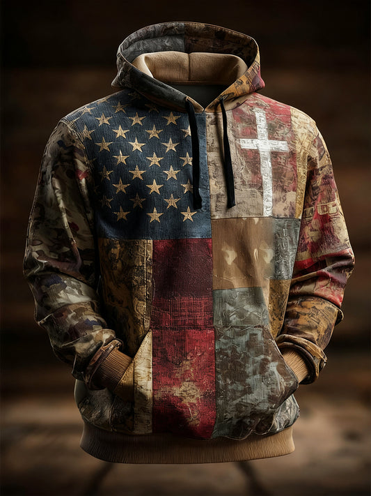 Men's Vintage American Flag Faith Cross Oversized Drop-Shoulder Hoodie with Pockets