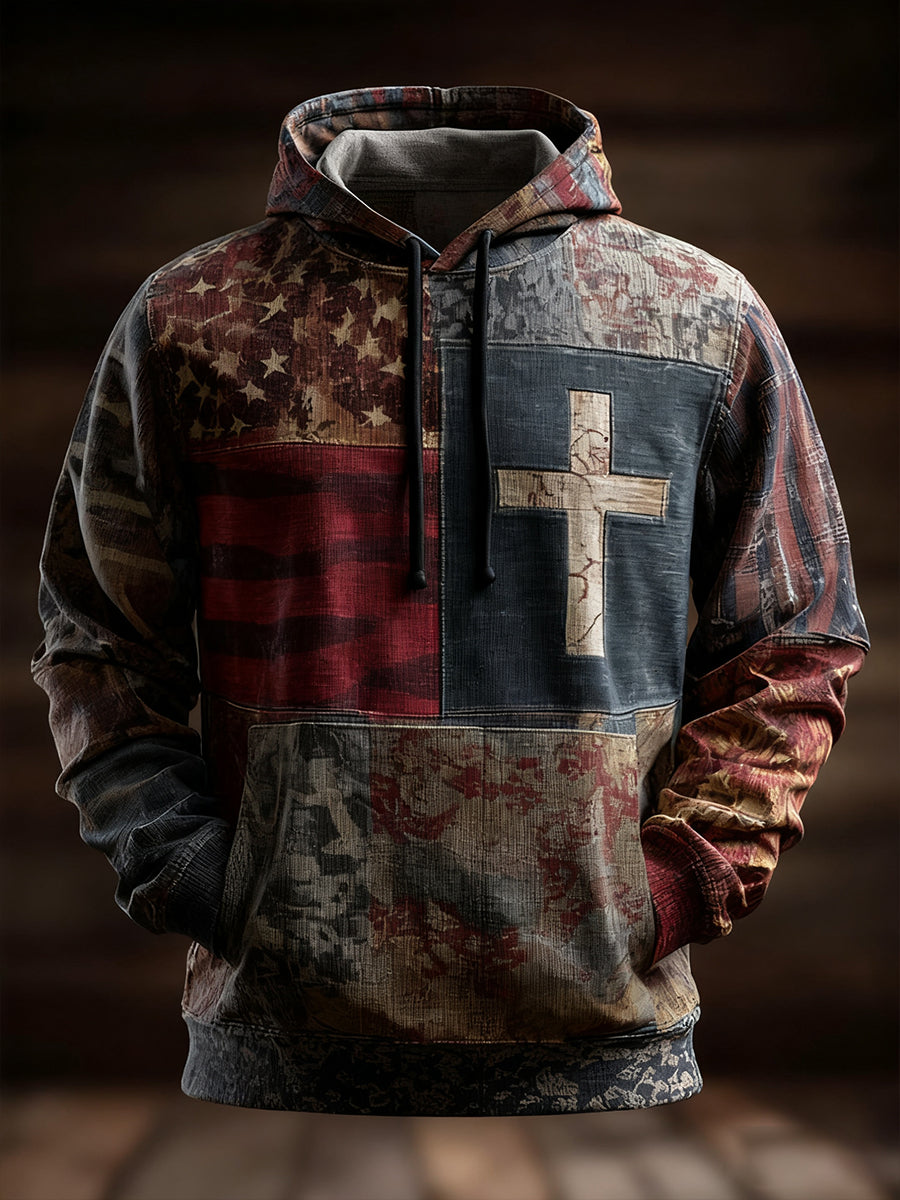 Men's Vintage American Flag Faith Cross Oversized Drop-Shoulder Hoodie with Pockets
