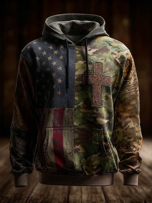 Men's Vintage American Flag Faith Cross Oversized Drop-Shoulder Hoodie with Pockets
