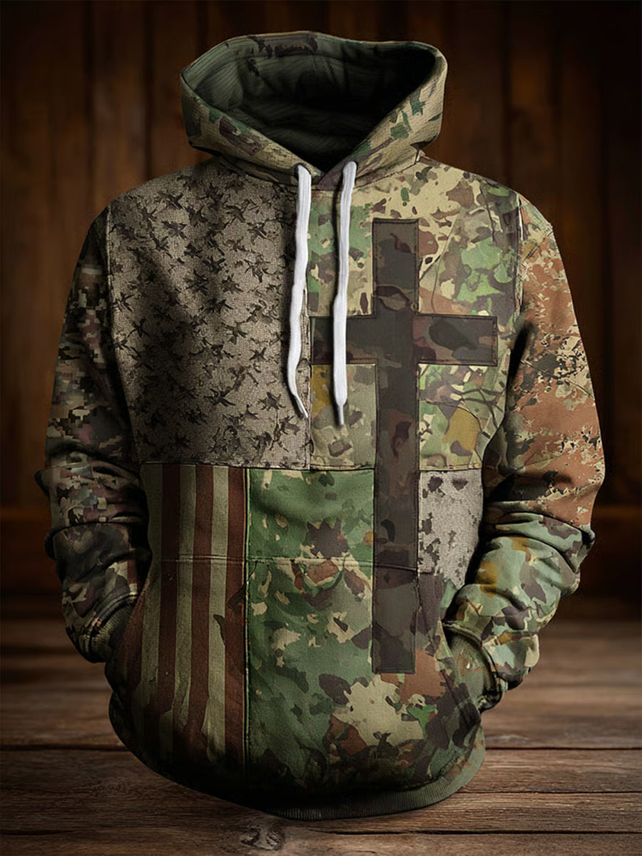 Men's Vintage American Flag Faith Cross Oversized Drop-Shoulder Hoodie with Pockets
