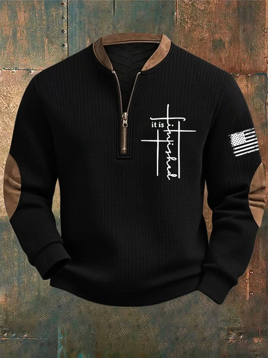 Men'S It Is Finished Faith Cross Print Zipper Sweatshirt