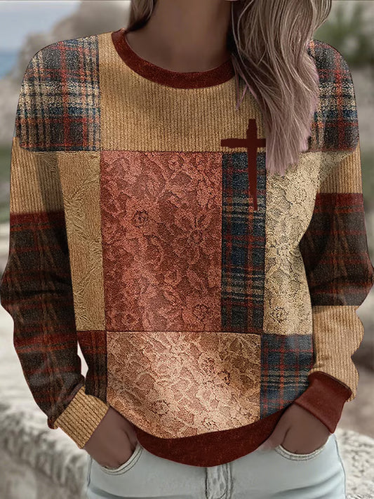 Women's Retro Casual Faith Cross Art Print  Sweatshirt