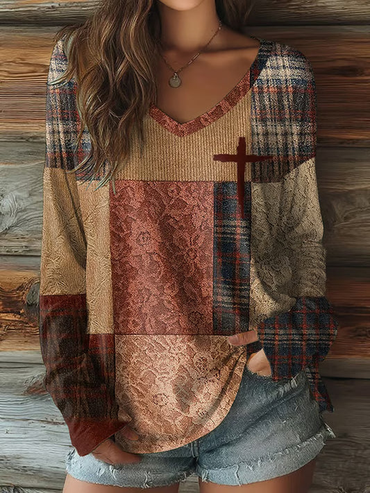 Women's Retro Casual Faith Cross Art Print  V-Neck T-Shirt