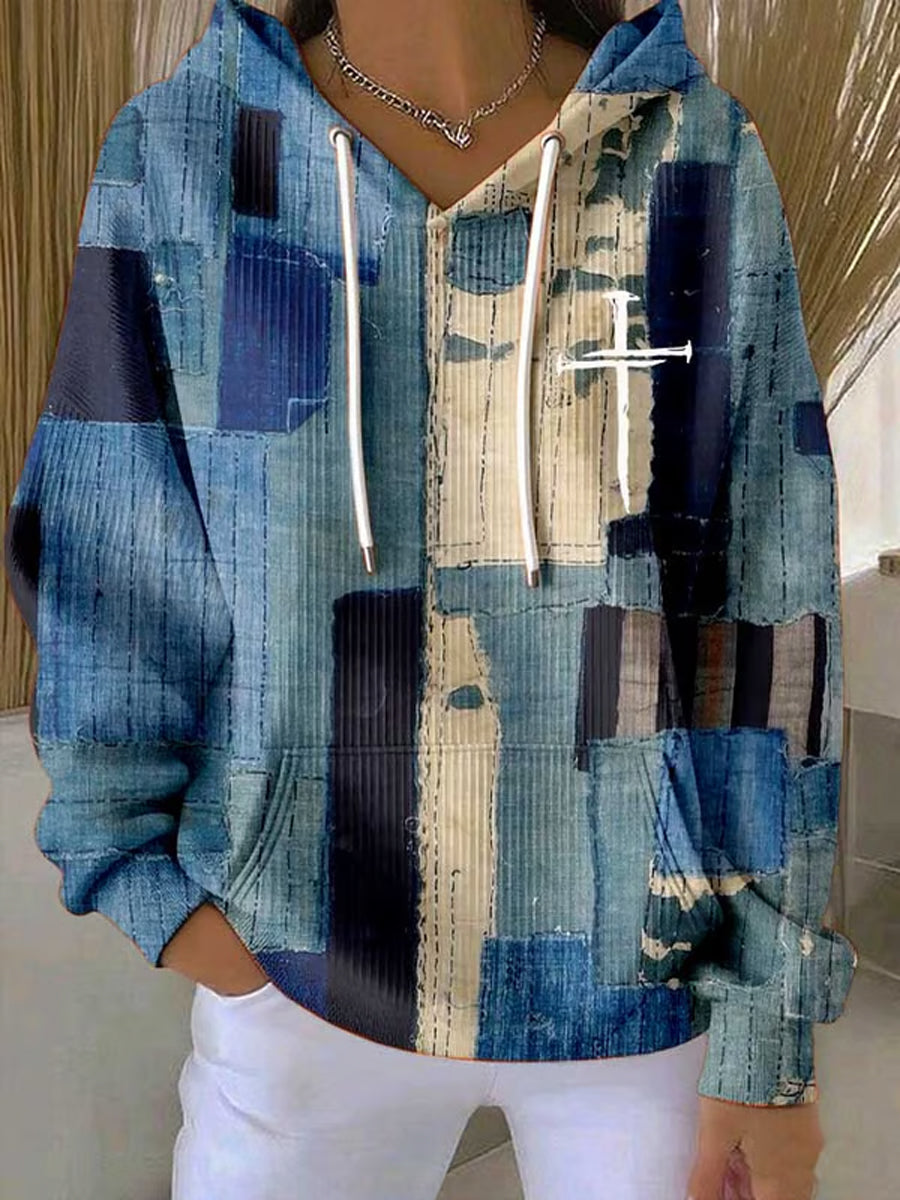 Women's Retro Casual Faith Cross Art Print Hoodie