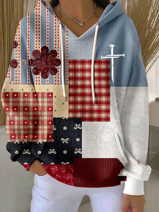 Women's Retro Casual Faith Cross Art Print Hoodie