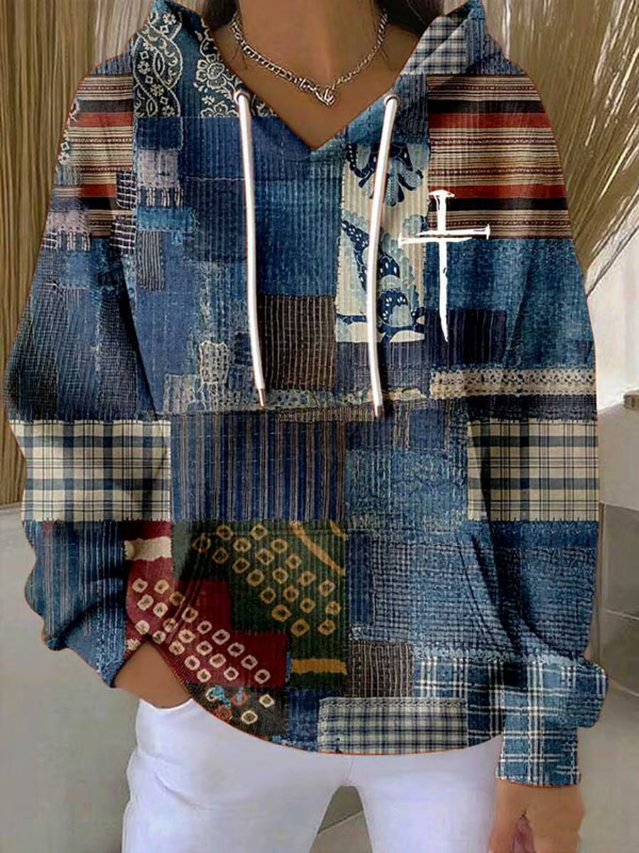 Women's Retro Casual Faith Cross Art Print Hoodie