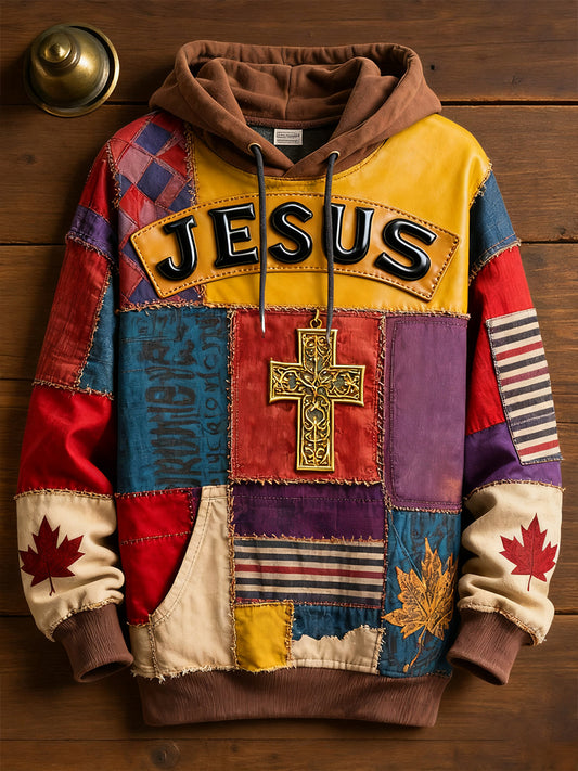 Men's Retro Casual Faith Cross Art Print Oversized Drop-Shoulder Pockets Hoodie