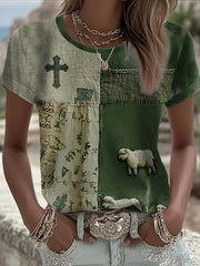 Women's Faith Cross Cute Lamb Short Sleeve T-shirt