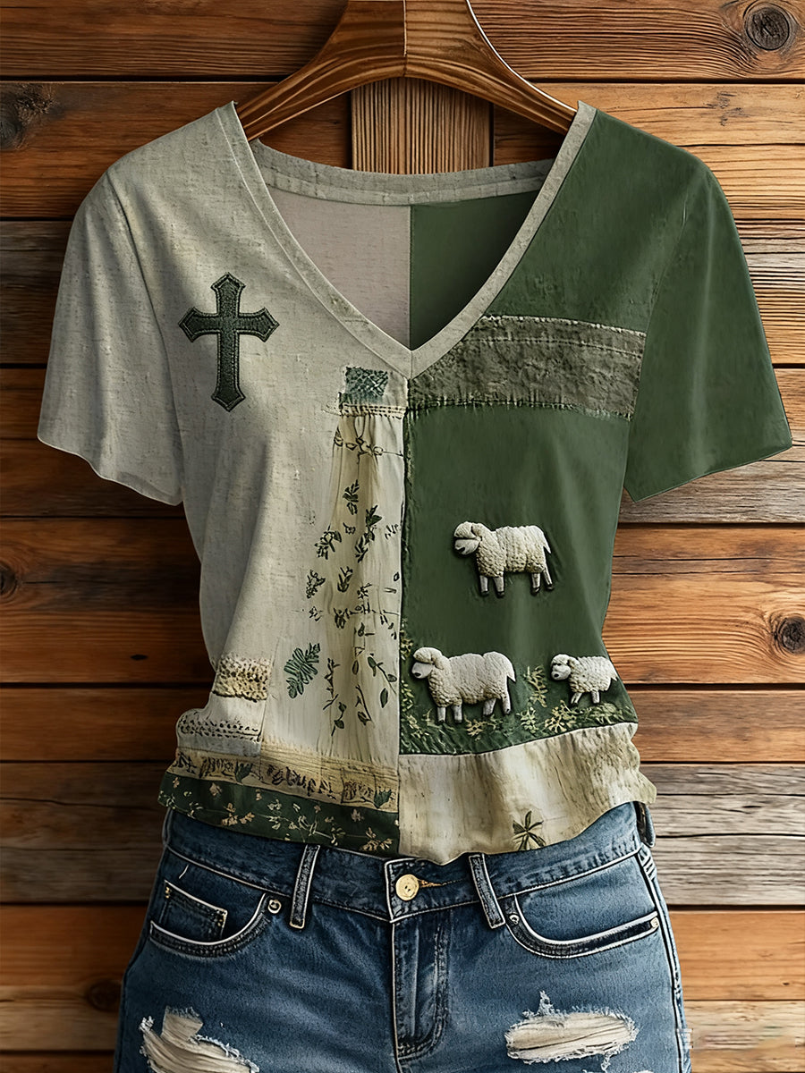 Women's Faith Cross Cute Lamb Short Sleeve T-shirt