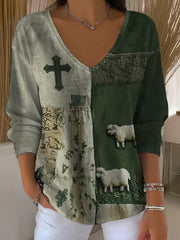 Women's Faith Cross Cute Lamb V-Neck T-Shirt