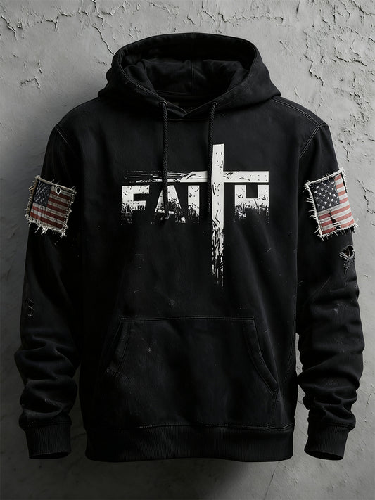 Men's Faith Cross Printed Long Sleeve Hooded Sweatshirt
