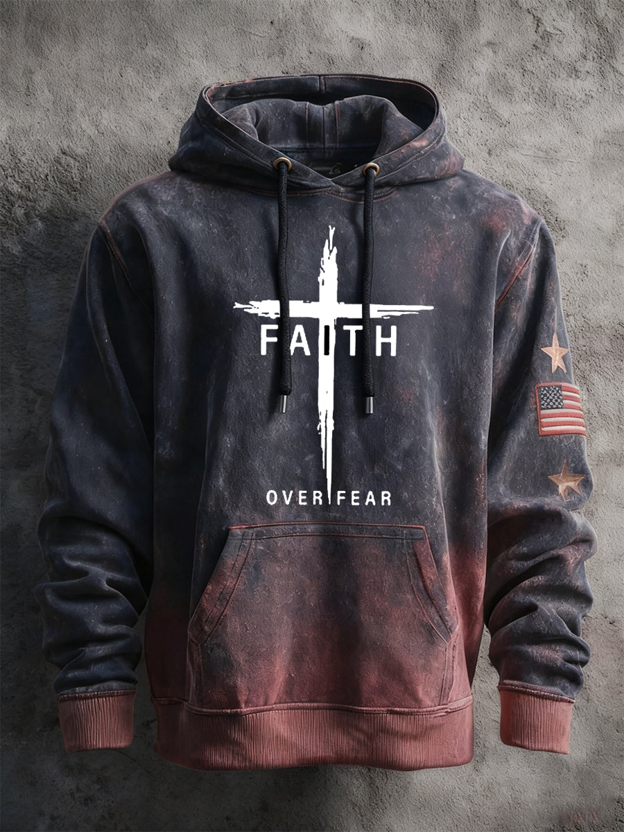 Men's Faith Over Fear Cross Printed Long Sleeve Hooded Sweatshirt