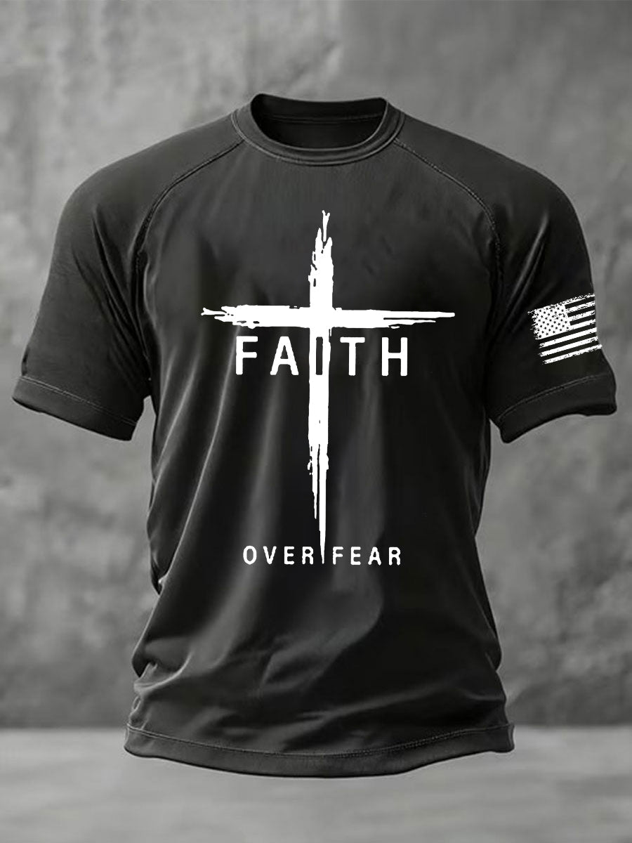 Men's Faith Over Fear Cross Printed Short Sleeve T-shirt