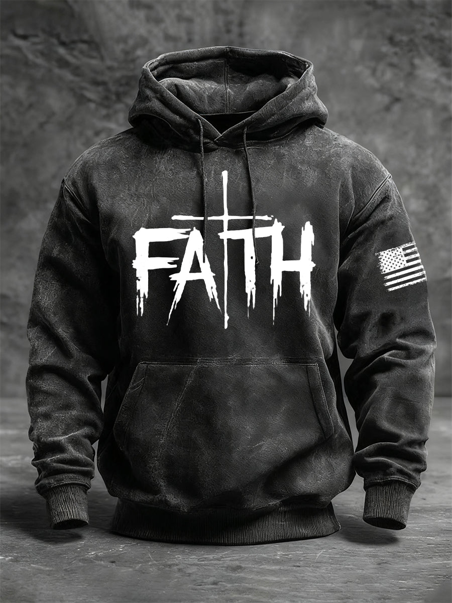 Men's Faith Cross Printed Long Sleeve Hooded Sweatshirt