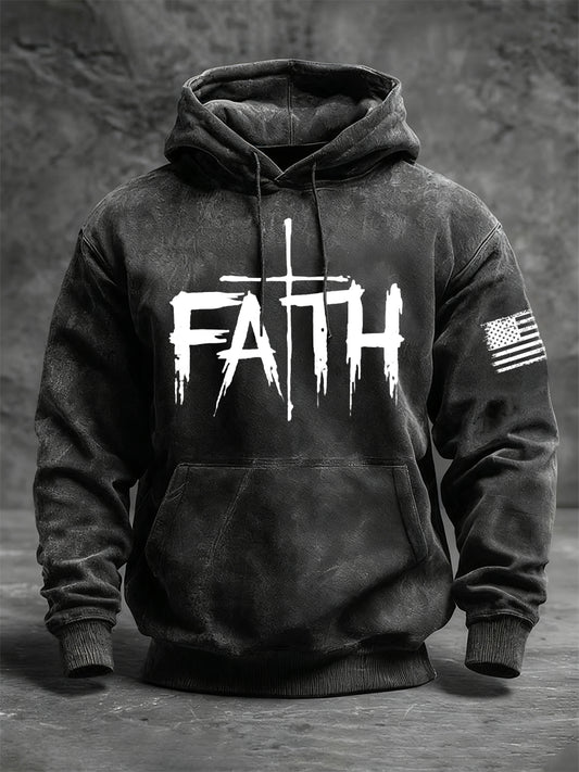 Men's Faith Cross Printed Long Sleeve Hooded Sweatshirt