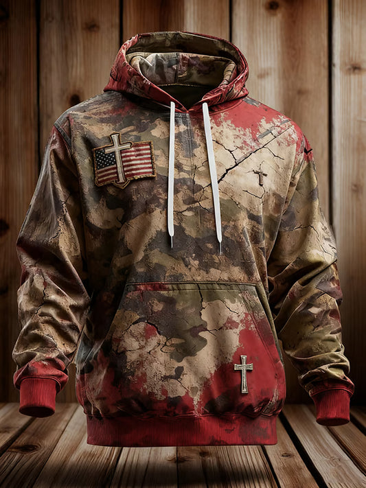 Men's Faith Cross American Flag Print Oversized Drop-Shoulder Hoodie with Pockets