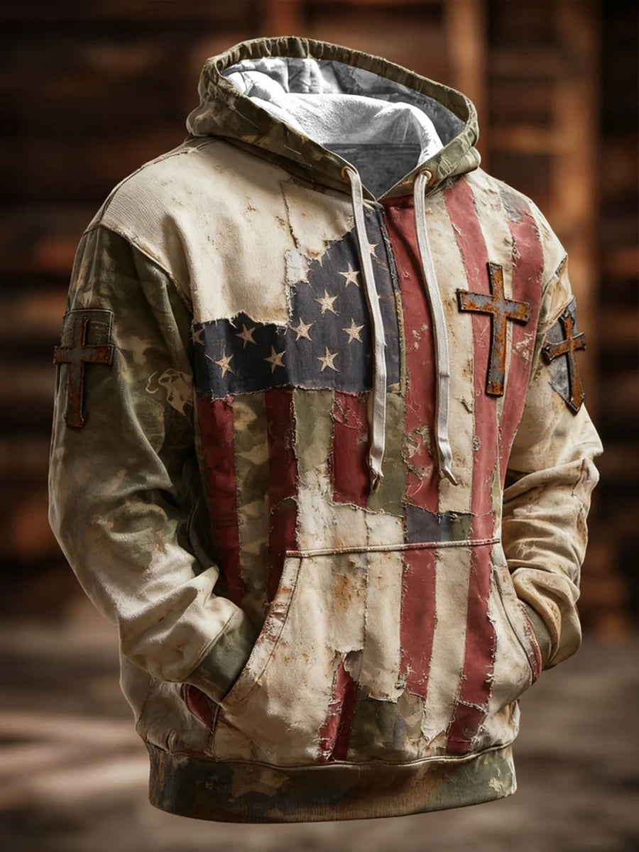 Men's Faith Cross American Flag Print Oversized Drop-Shoulder Hoodie with Pockets