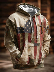 Men's Faith Cross American Flag Print Oversized Drop-Shoulder Hoodie with Pockets