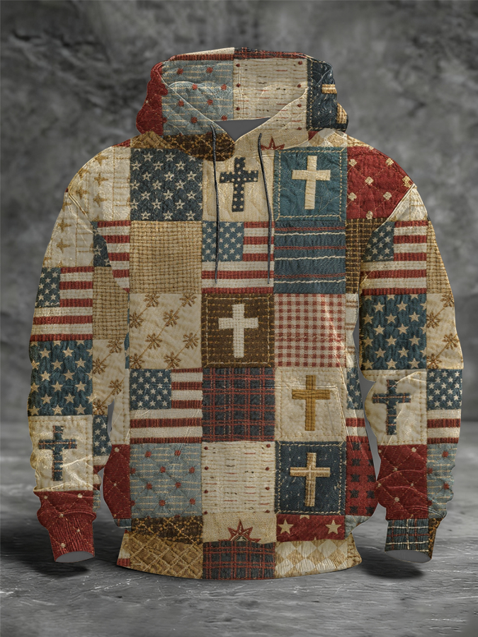Men's Patchwork of Faith Printed Oversized Drop-Shoulder Hoodie with Pockets