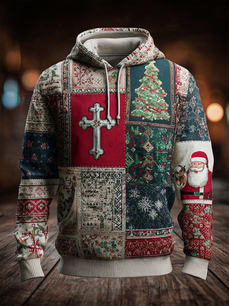 Men's Vintage Christmas Faith Cross print Oversized Drop-Shoulder Hoodie with Pockets