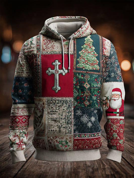 Men's Vintage Christmas Faith Cross print Oversized Drop-Shoulder Hoodie with Pockets