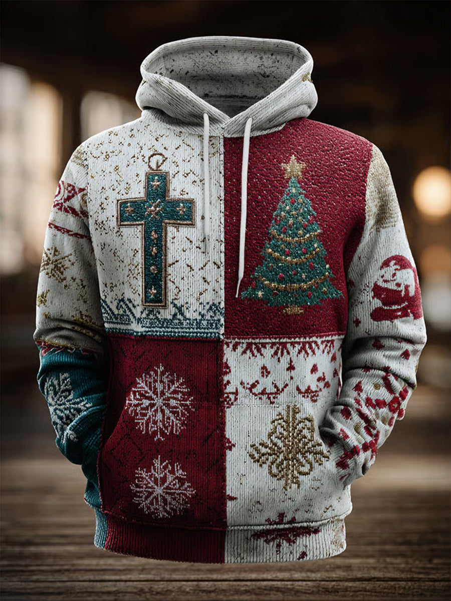 Men's Vintage Christmas Faith Cross print Oversized Drop-Shoulder Hoodie with Pockets