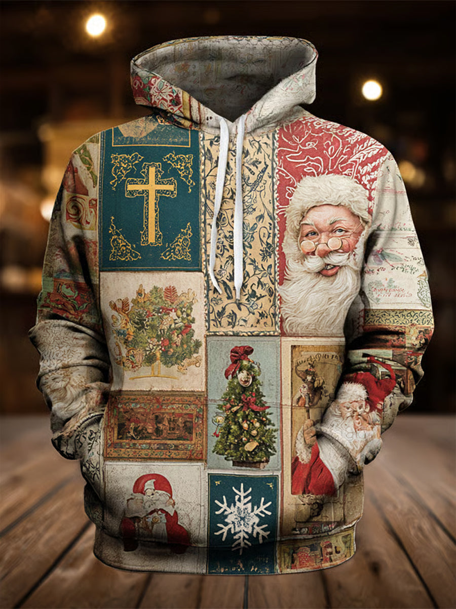 Men's Vintage Christmas Print Oversized Drop-Shoulder Hoodie with Pockets