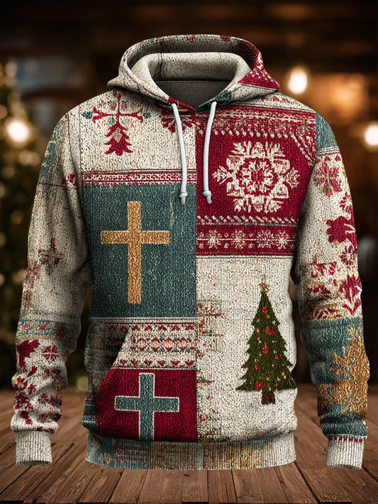 Men's Vintage Christmas Faith Cross print Oversized Drop-Shoulder Hoodie with Pockets
