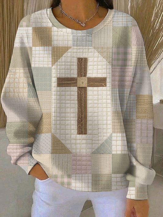 Women's Patchwork of Faith Printed Ribbed Round-Neck Sweatshirt