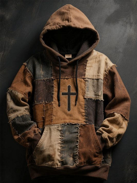 Men's Patchwork of Faith Printed Oversized Drop-Shoulder Hoodie with Pockets