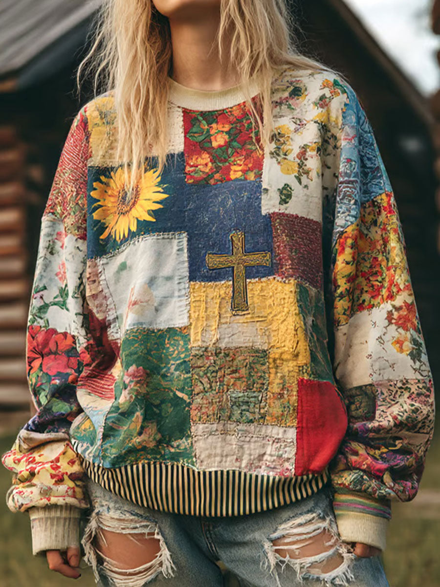 Women's Floral Cross Print Casual Hoodie