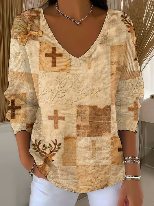 Women's  Faith Patchwork Print V-Neck Ribbed Top