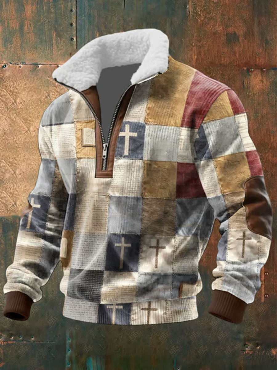 Men's Faith Patchwork Print baggy zip-up hoodie