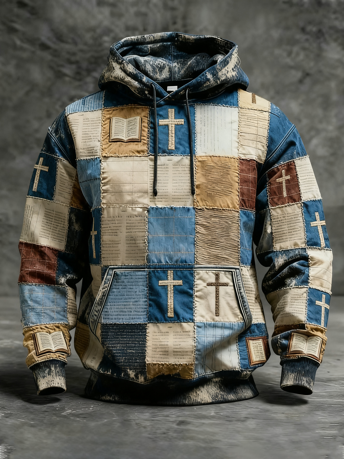 Men's Faith Patchwork Print Oversized Drop-Shoulder Hoodie with Pockets