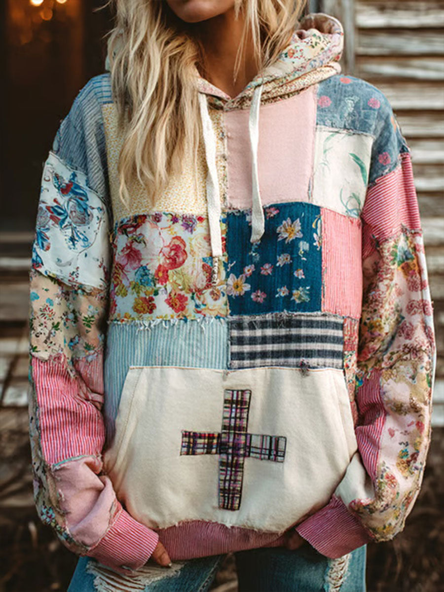 Women's Floral Cross Print Casual Hoodie