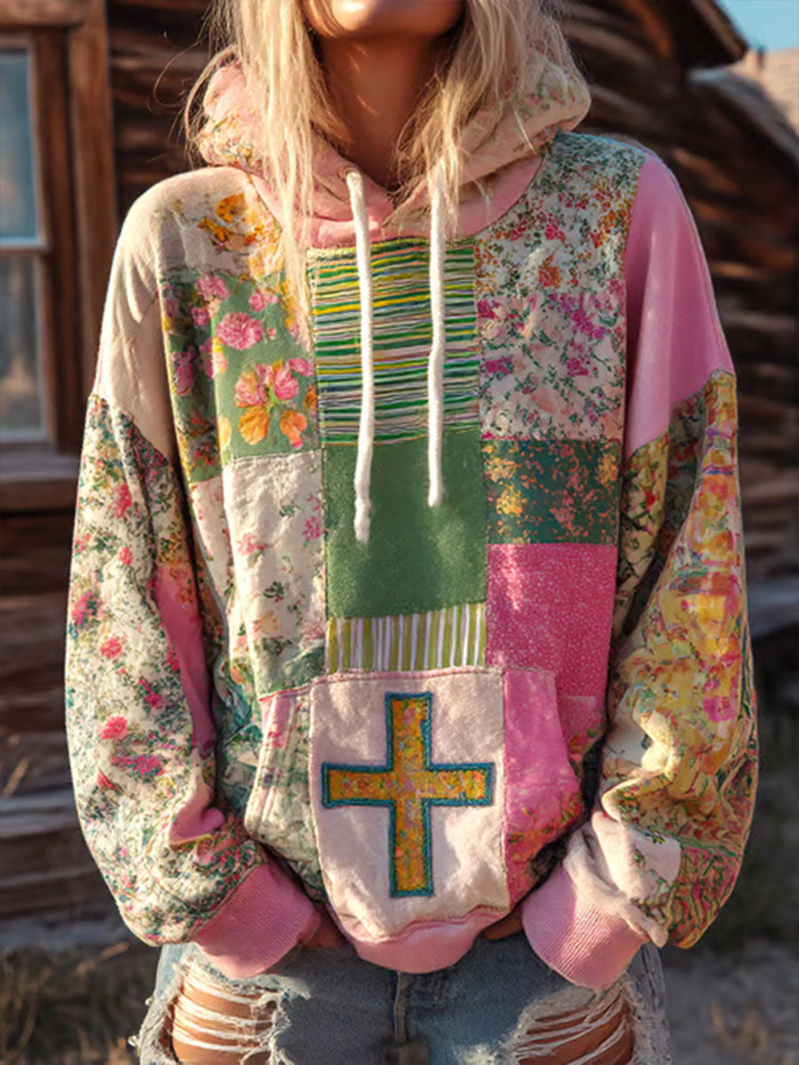 Women's Floral Cross Print Casual Hoodie