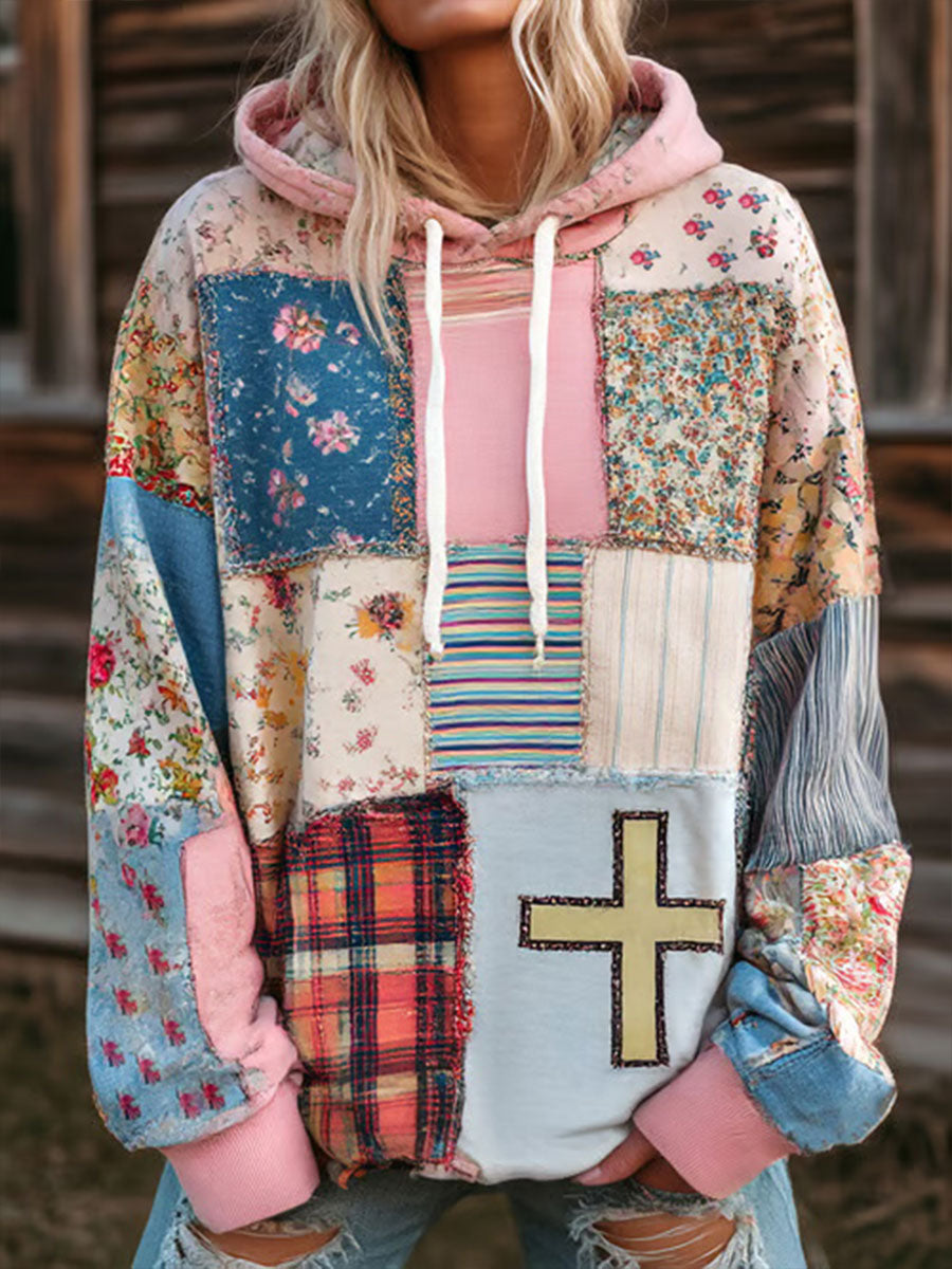 Women's Floral Cross Print Casual Hoodie