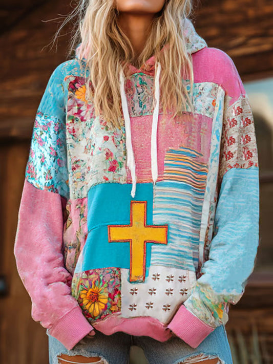Women's Floral Cross Print Casual Hoodie