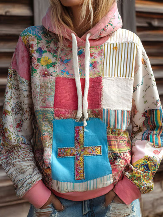 Women's Floral Cross Print Casual Hoodie