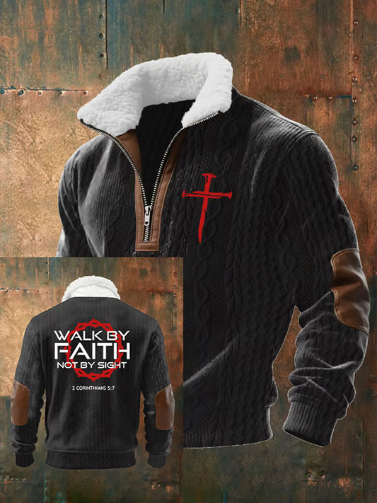 Men'S Casual Faith Jacquard Zipper Fur Collar Long Sleeve Sweatshirt