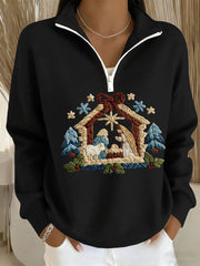 Women's Nativity Print Casual Zip-Up Top