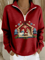 Women's Nativity Print Casual Zip-Up Top