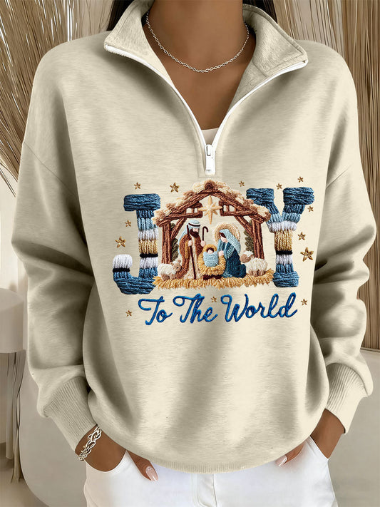 Women's Joy To The World Printed Casual Zip-Up Top