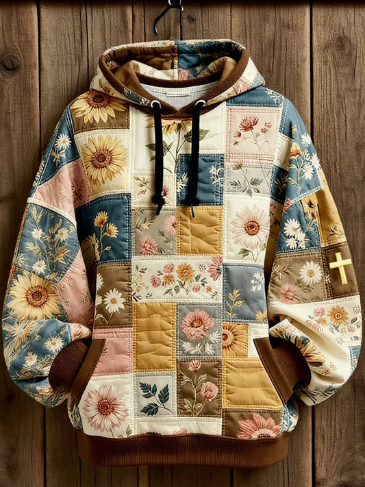 Women's Retro floral Faith Cross Printed Hoodie