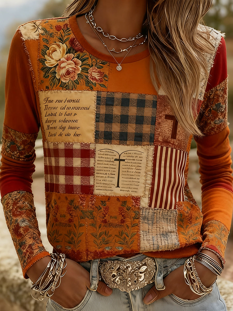 Women's Autumn Faith Cross Floral Patchwork Print Long Sleeve Top